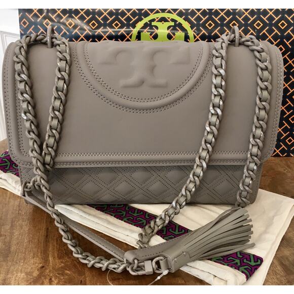 🆕 Tory Burch Fleming Convertible Shoulder GRAY HERON Matte Bag $598 - Picture 1 of 16